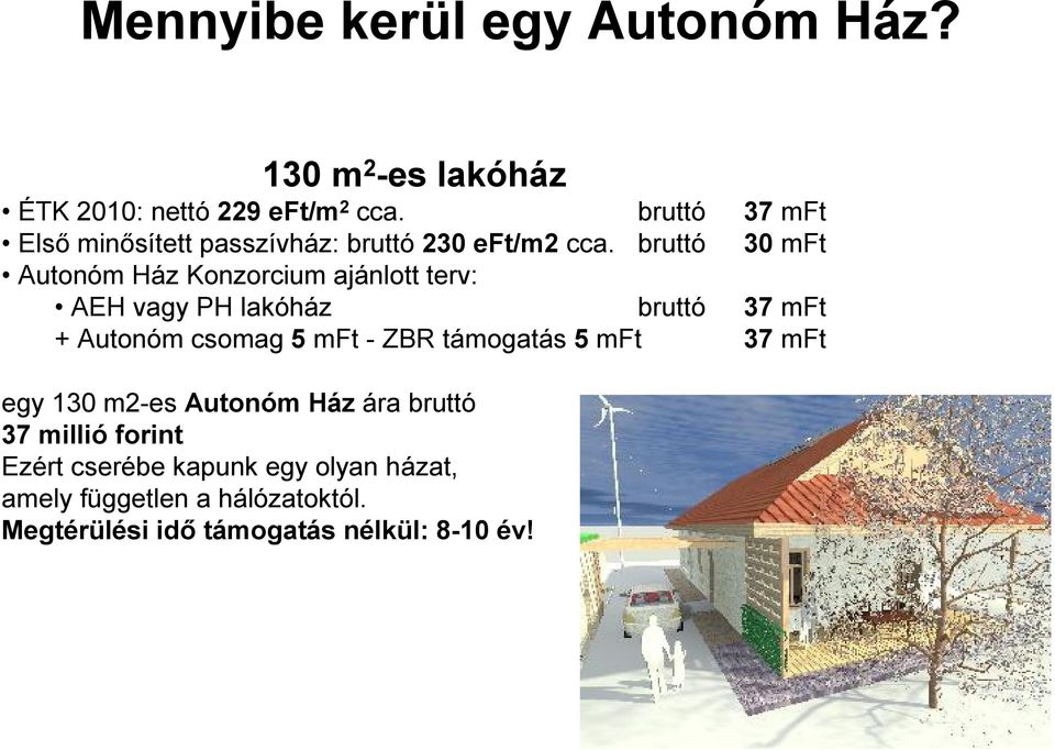 bruttó 30 mft Autonóm Ház Konzorcium ajánlott terv: AEH vagy PH lakóház bruttó 37 mft + Autonóm csomag 5 mft -