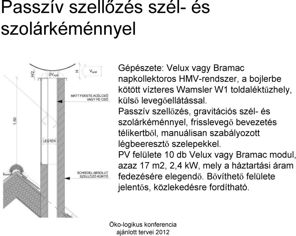 Passzív szellőzés, gravitációs szél- és szolárkéménnyel, frisslevegő bevezetés télikertből, manuálisan szabályozott légbeeresztő