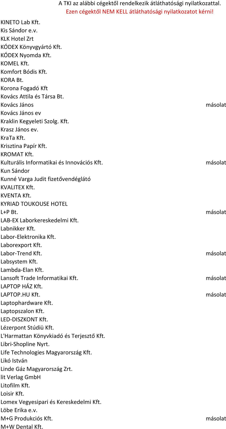 Kun Sándor Kunné Varga Judit fizetővendéglátó KVALITEX Kft. KVENTA Kft. KYRIAD TOUKOUSE HOTEL L+P Bt. LAB-EX Laborkereskedelmi Kft. Labnikker Kft. Labor-Elektronika Kft. Laborexport Kft.