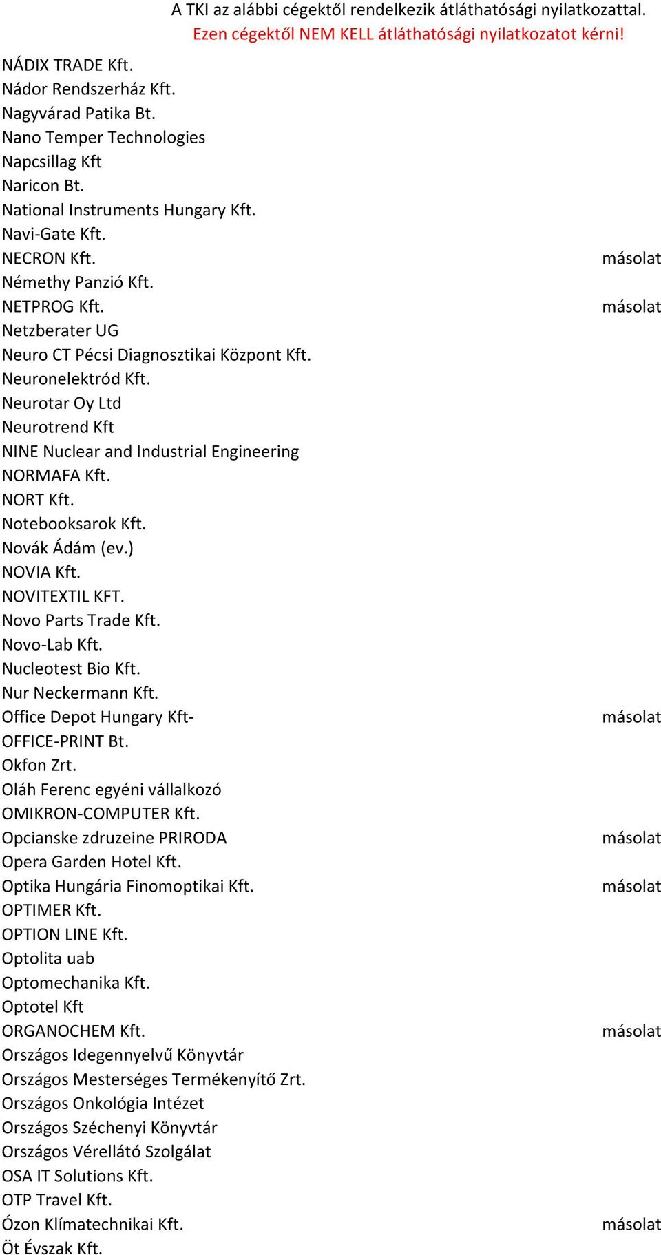 Notebooksarok Kft. Novák Ádám (ev.) NOVIA Kft. NOVITEXTIL KFT. Novo Parts Trade Kft. Novo-Lab Kft. Nucleotest Bio Kft. Nur Neckermann Kft. Office Depot Hungary Kft- OFFICE-PRINT Bt. Okfon Zrt.
