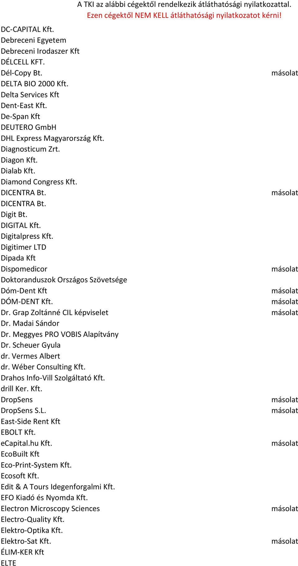 Digitimer LTD Dipada Kft Dispomedicor Doktoranduszok Országos Szövetsége Dóm-Dent Kft DÓM-DENT Kft. Dr. Grap Zoltánné CIL képviselet Dr. Madai Sándor Dr. Meggyes PRO VOBIS Alapítvány Dr.