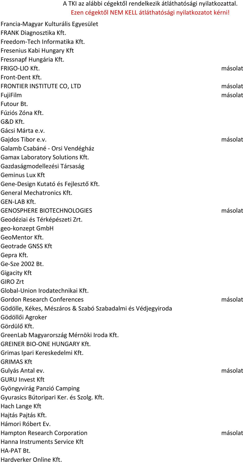 Gazdaságmodellezési Társaság Geminus Lux Kft Gene-Design Kutató és Fejlesztő Kft. General Mechatronics Kft. GEN-LAB Kft. GENOSPHERE BIOTECHNOLOGIES Geodéziai és Térképészeti Zrt.