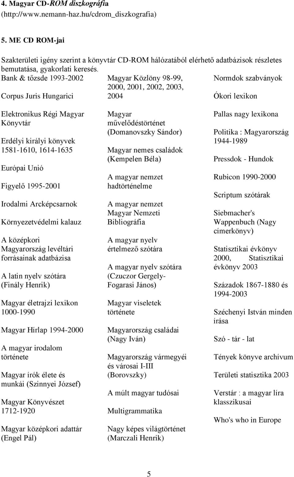 Bank & tőzsde 1993-2002 Magyar Közlöny 98-99, 2000, 2001, 2002, 2003, Normdok szabványok Corpus Juris Hungarici 2004 Ókori lexikon Elektronikus Régi Magyar Könyvtár Erdélyi királyi könyvek 1581-1610,