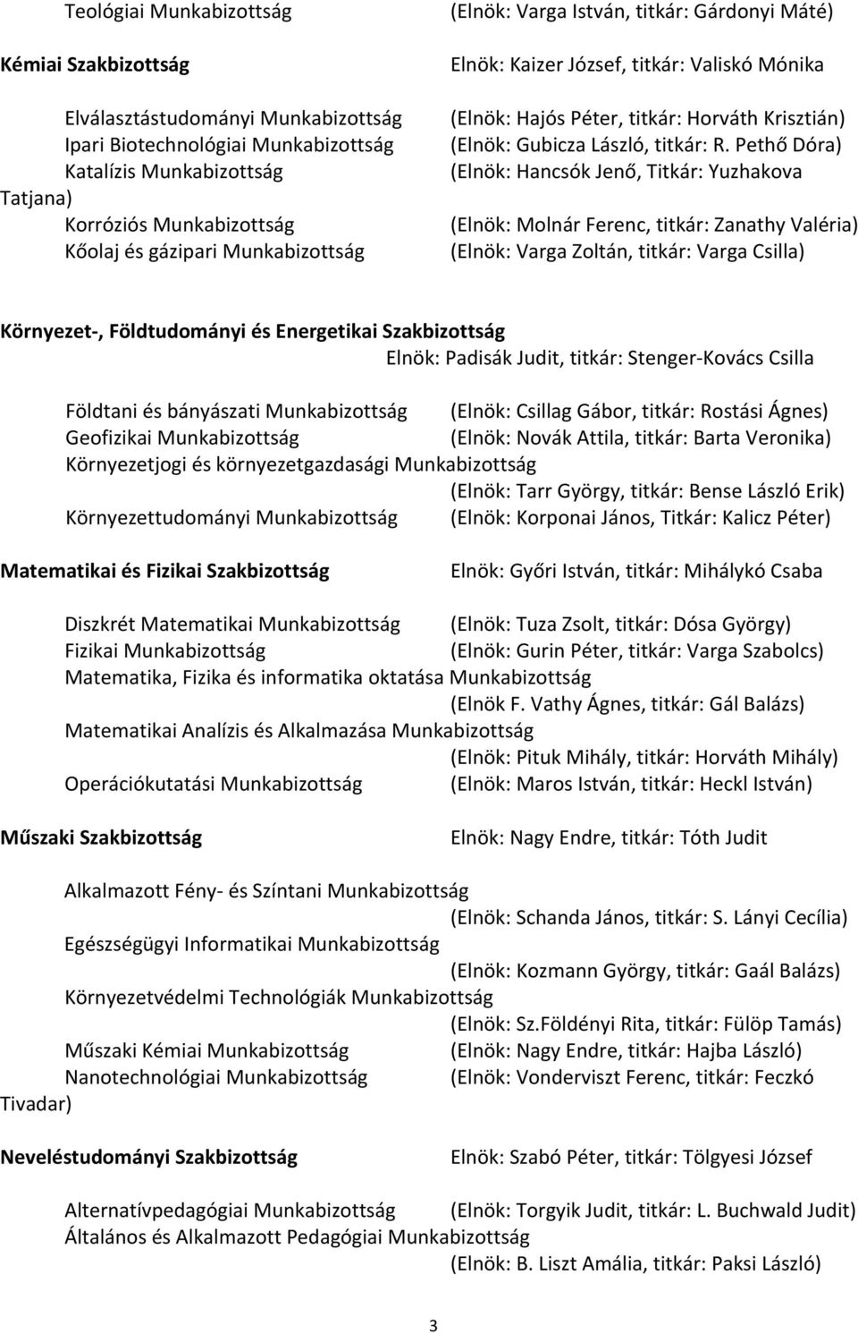 PethőDóra) KatalízisMunkabizottság (Elnök:HancsókJenő,Titkár:Yuzhakova Tatjana) KorróziósMunkabizottság (Elnök:MolnárFerenc,titkár:ZanathyValéria) KőolajésgázipariMunkabizottság