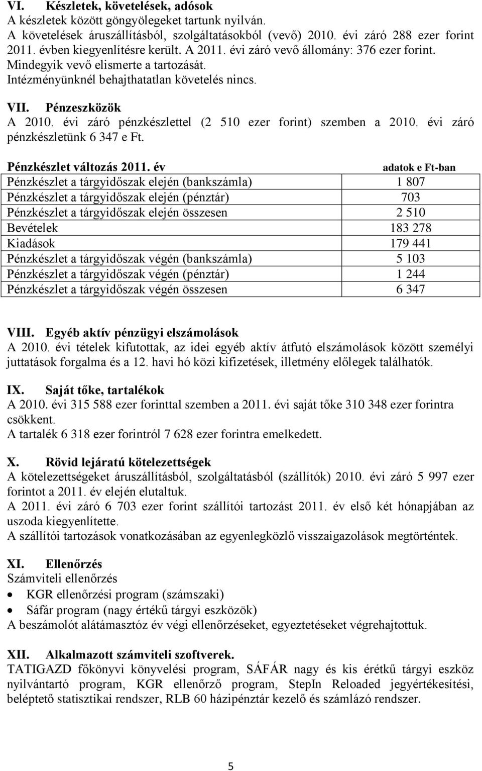 évi záró pénzkészlettel (2 510 ezer forint) szemben a 2010. évi záró pénzkészletünk 6 347 e Ft. Pénzkészlet változás 2011.