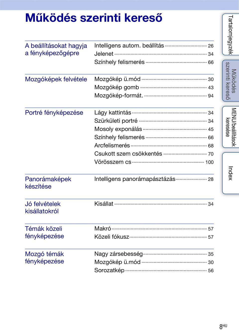 94 Portré fényképezése Lágy kattintás 34 Szürkületi portré 34 Mosoly exponálás 45 Színhely felismerés 66 Arcfelismerés 68 Csukott szem