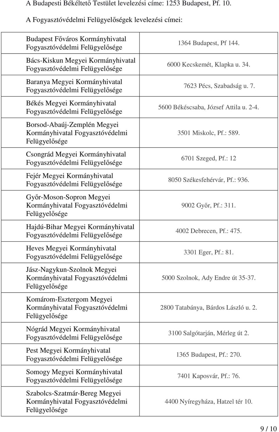 Fogyasztóvédelmi Felügyelősége Csongrád Megyei Kormányhivatal Fejér Megyei Kormányhivatal Győr-Moson-Sopron Megyei Kormányhivatal Fogyasztóvédelmi Felügyelősége Hajdú-Bihar Megyei Kormányhivatal