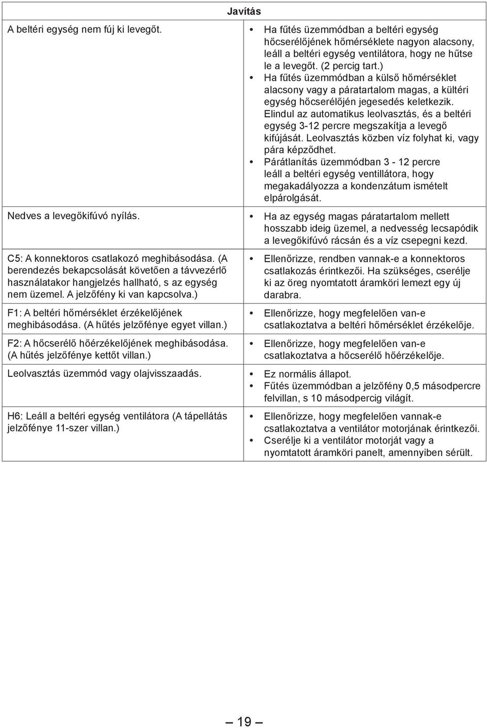 Elindul az automatikus leolvasztás, és a beltéri egység 3-12 percre megszakítja a levegő kifújását. Leolvasztás közben víz folyhat ki, vagy pára képződhet.