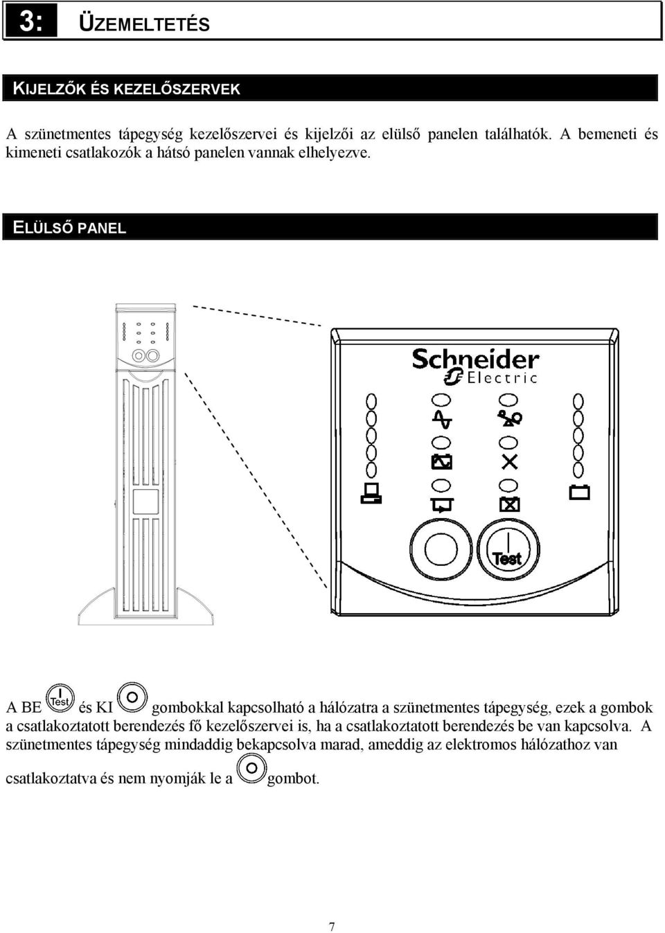 ELÜLSŐ PANEL A BE és KI gombokkal kapcsolható a hálózatra a szünetmentes tápegység, ezek a gombok a csatlakoztatott berendezés fő