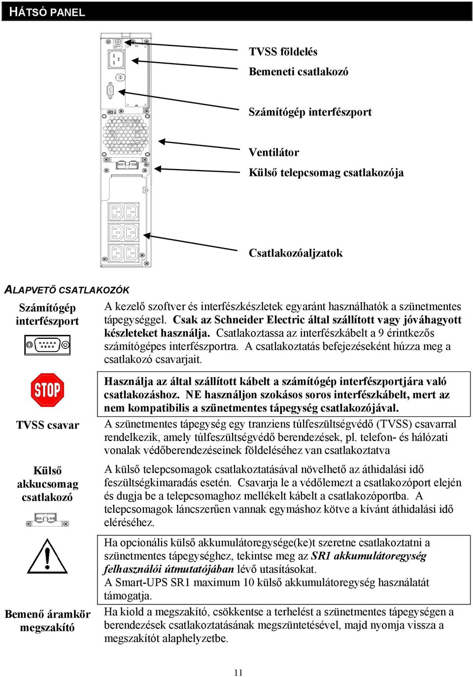 Csak az Schneider Electric által szállított vagy jóváhagyott készleteket használja. Csatlakoztassa az interfészkábelt a 9 érintkezős számítógépes interfészportra.