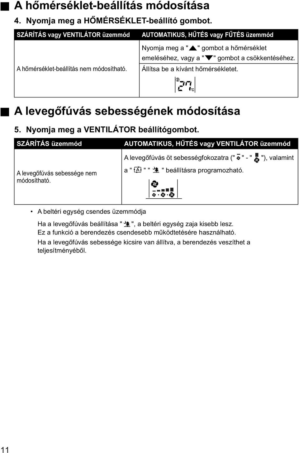 C A levegőfúvás sebességének módosítása 5. Nyomja meg a VENTILÁTOR beállítógombot.