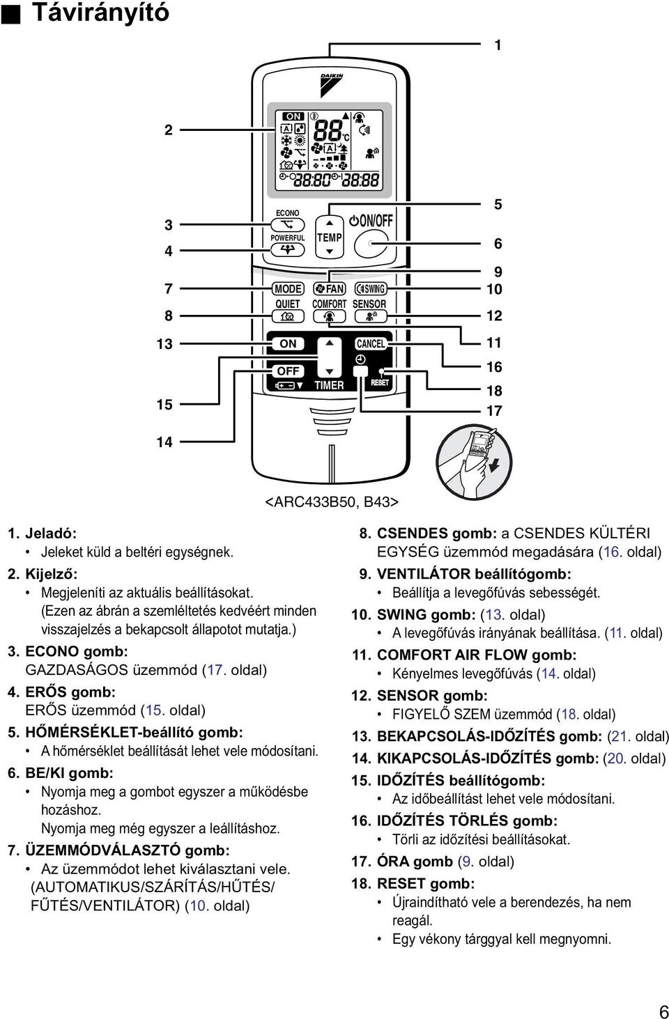 ECONO gomb: GAZDASÁGOS üzemmód (17. oldal) 4. ERŐS gomb: ERŐS üzemmód (15. oldal) 5. HŐMÉRSÉKLET-beállító gomb: A hőmérséklet beállítását lehet vele módosítani. 6.