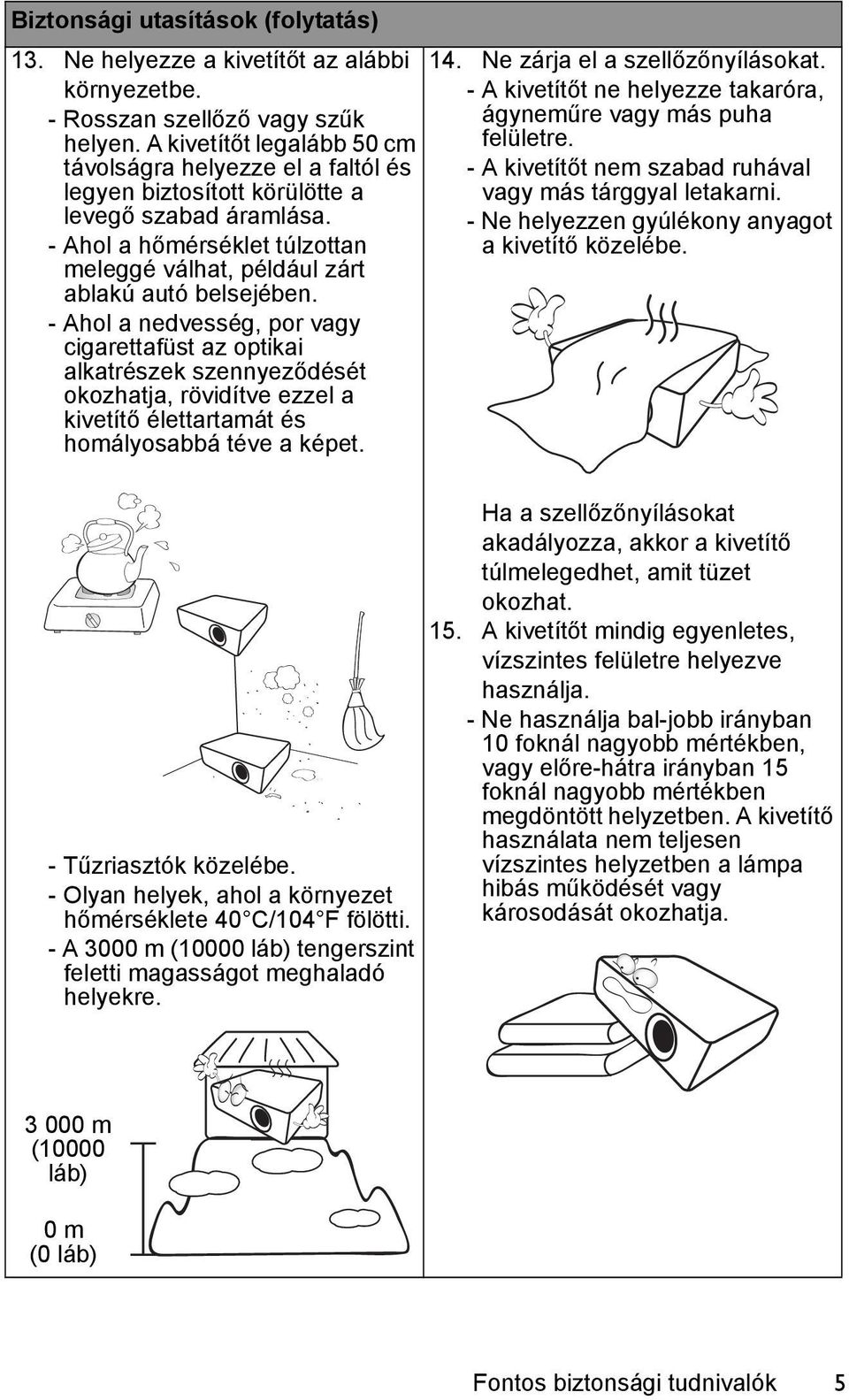 - Ahol a nedvesség, por vagy cigarettafüst az optikai alkatrészek szennyeződését okozhatja, rövidítve ezzel a kivetítő élettartamát és homályosabbá téve a képet. 14. Ne zárja el a szellőzőnyílásokat.