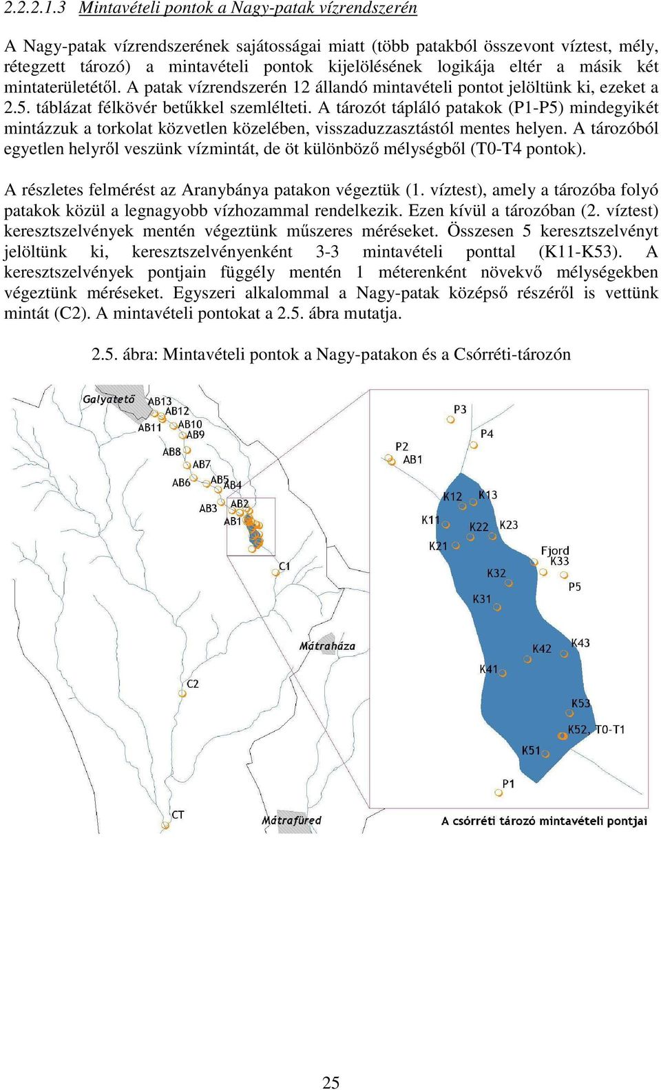 eltér a másik két mintaterületét l. A patak vízrendszerén 12 állandó mintavételi pontot jelöltünk ki, ezeket a 2.5. táblázat félkövér bet kkel szemlélteti.