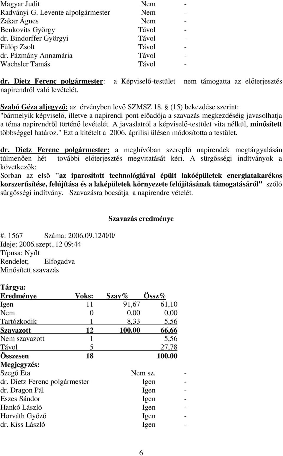 Szabó Géza aljegyz: az érvényben lev SZMSZ 18. (15) bekezdése szerint: "bármelyik képvisel, illetve a napirendi pont eladója a szavazás megkezdéséig javasolhatja a téma napirendrl történ levételét.