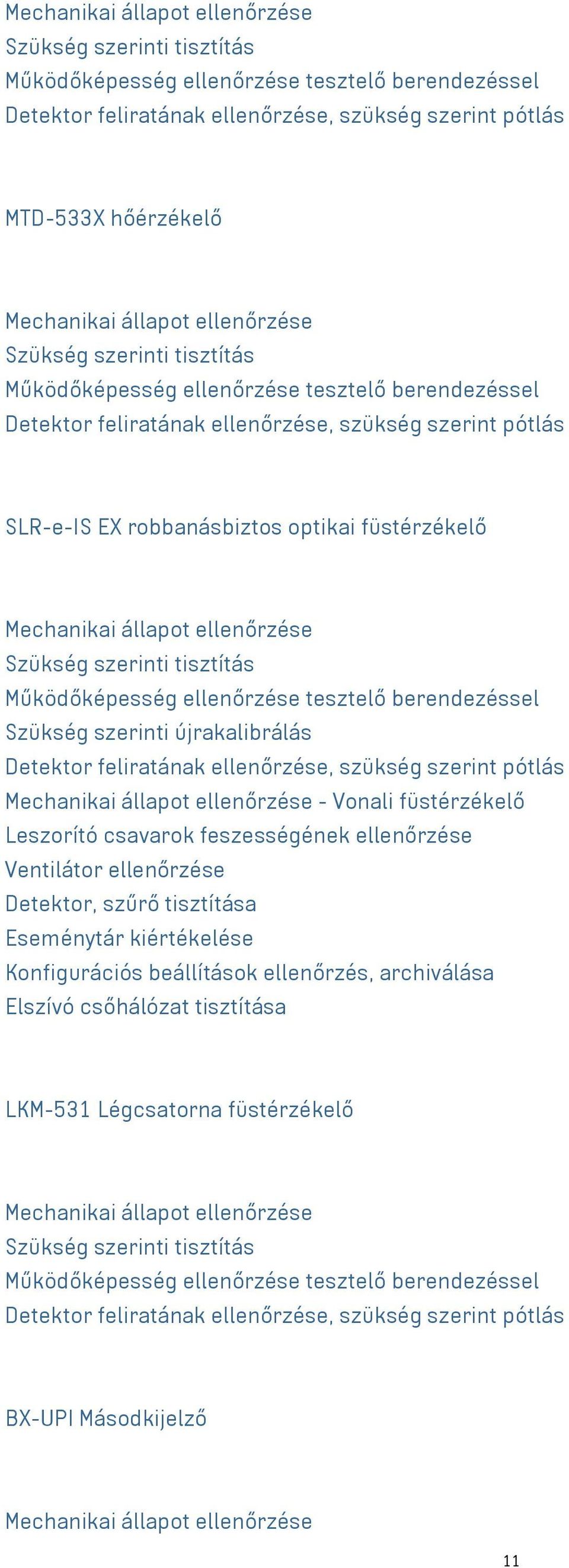 tesztelő berendezéssel Szükség szerinti újrakalibrálás Detektor feliratának ellenőrzése, szükség szerint pótlás - Vonali füstérzékelő Ventilátor ellenőrzése Detektor, szűrő tisztítása Eseménytár