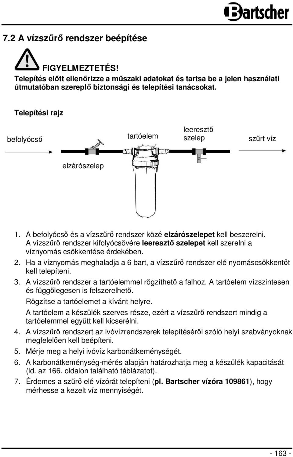 A vízszűrő rendszer kifolyócsövére leeresztő szelepet kell szerelni a víznyomás csökkentése érdekében. 2. Ha a víznyomás meghaladja a 6 bart, a vízszűrő rendszer elé nyomáscsökkentőt kell telepíteni.