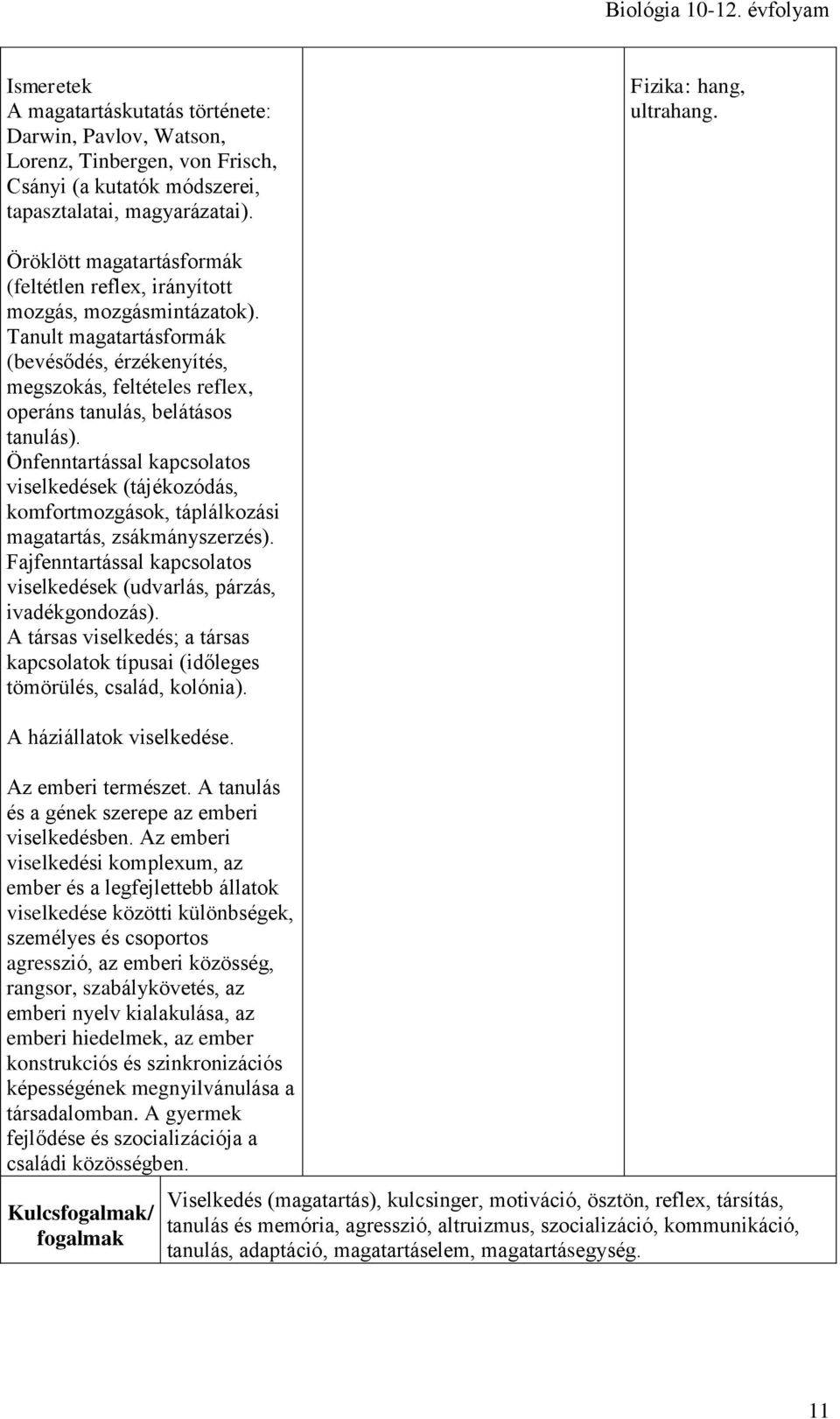 Önfenntartással kapcsolatos viselkedések (tájékozódás, komfortmozgások, táplálkozási magatartás, zsákmányszerzés). Fajfenntartással kapcsolatos viselkedések (udvarlás, párzás, ivadékgondozás).