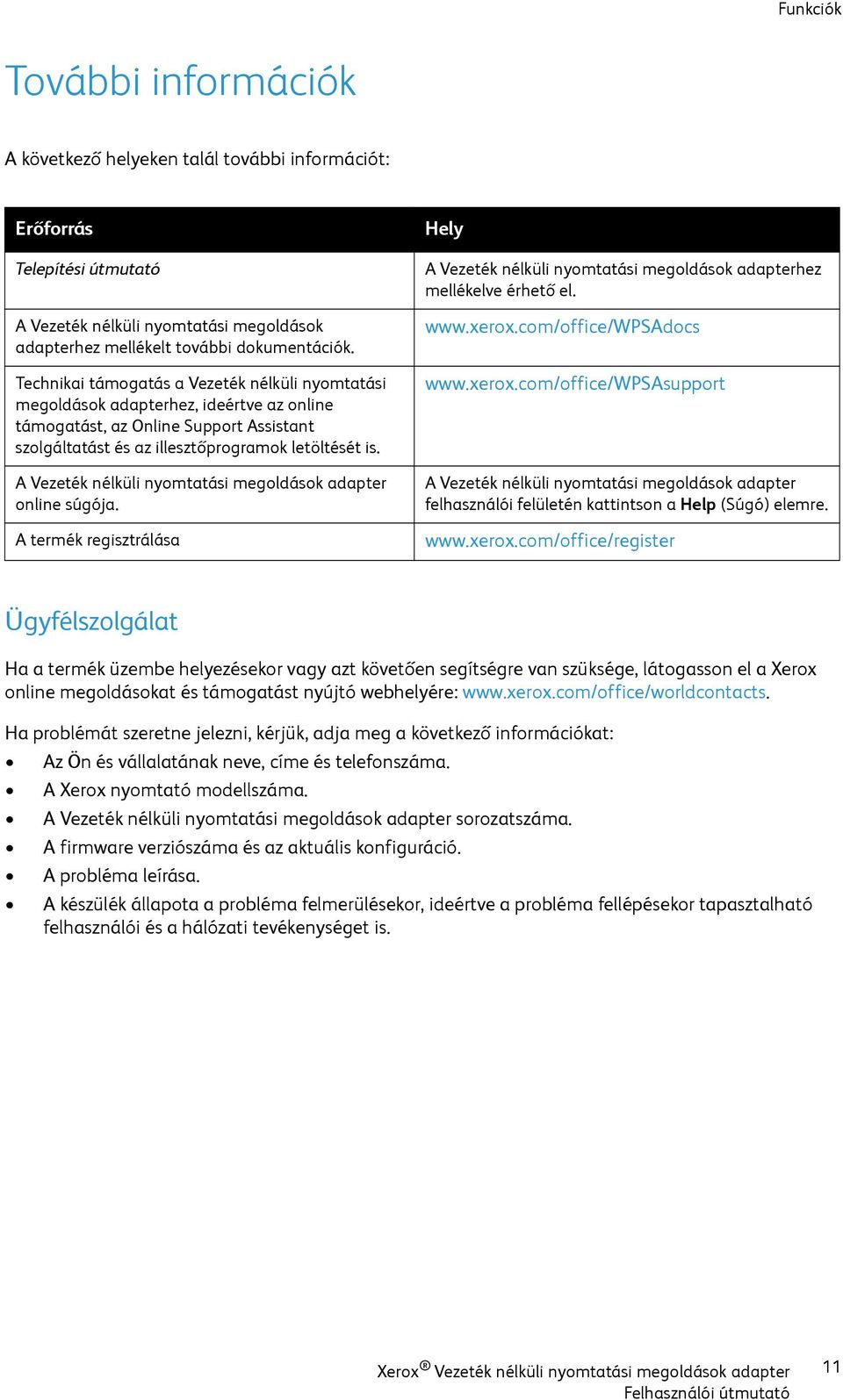 A Vezeték nélküli nyomtatási megoldások adapter online súgója. A termék regisztrálása Hely A Vezeték nélküli nyomtatási megoldások adapterhez mellékelve érhető el. www.xerox.com/office/wpsadocs www.