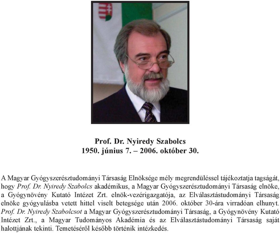elnök-vezérigazgatója, az Elválasztástudományi Társaság elnöke gyógyulásba vetett hittel viselt betegsége után 2006. október 30-ára virradóan elhunyt. Prof. Dr.
