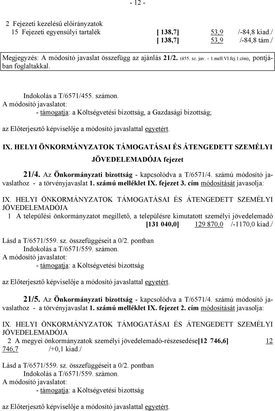 HELYI ÖNKORMÁNYZATOK TÁMOGATÁSAI ÉS ÁTENGEDETT SZEMÉLYI JÖVEDELEMADÓJA fejezet 21/4. Az Önkormányzati bizottság - kapcsolódva a T/6571/4. számú módosító javaslathoz - a törvényjavaslat 1.