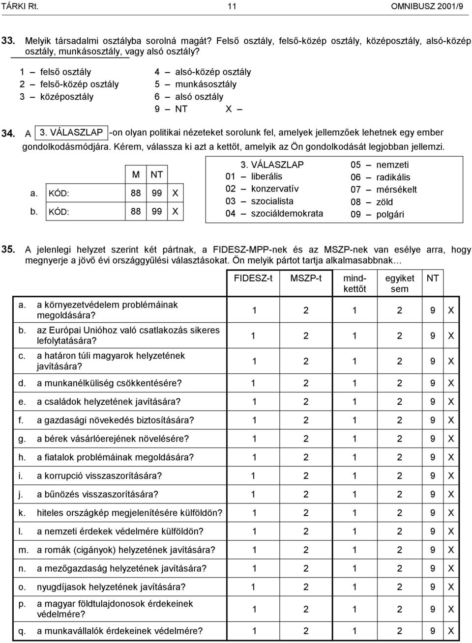 VÁLASZLAP -on olyan politikai nézeteket sorolunk fel, amelyek jellemzőek lehetnek egy ember gondolkodásmódjára. Kérem, válassza ki azt a kettőt, amelyik az Ön gondolkodását legjobban jellemzi. M NT a.