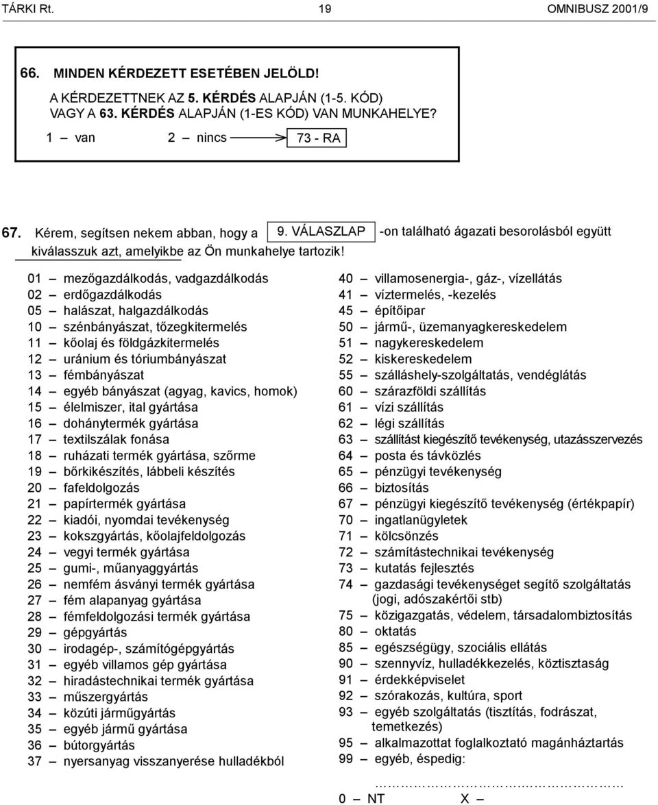 01 mezőgazdálkodás, vadgazdálkodás 02 erdőgazdálkodás 05 halászat, halgazdálkodás 10 szénbányászat, tőzegkitermelés 11 kőolaj és földgázkitermelés 12 uránium és tóriumbányászat 13 fémbányászat 14