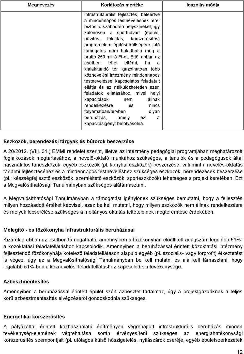 Ettől abban az esetben lehet eltérni, ha a kialakítandó tér igazolhatóan több köznevelési intézmény mindennapos testneveléssel kapcsolatos feladatait ellátja és az nélkülözhetetlen ezen feladatok