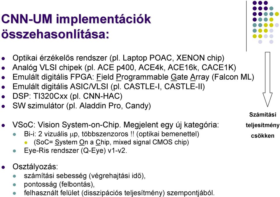 CNN-HAC) SW szimulátor (pl. Aladdin Pro, Candy) VSoC: Vision System-on-Chip. Megjelent egy új kategória: Bi-i: 2 vizuális µp, többszenzoros!