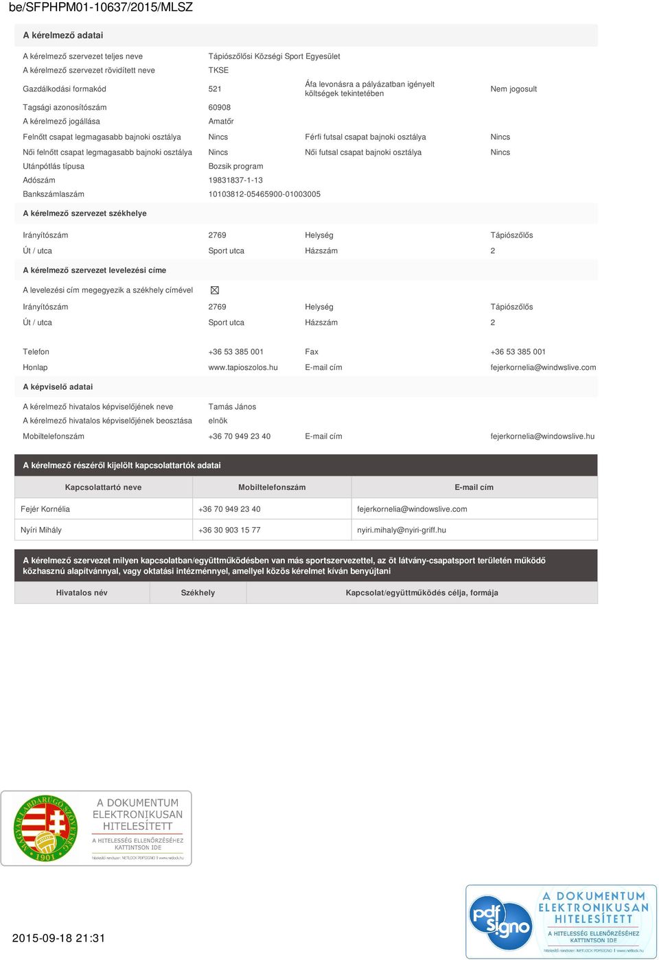 legmagasabb bajnoki osztálya Nincs Női futsal csapat bajnoki osztálya Nincs Utánpótlás típusa Bozsik program Adószám 19831837-1-13 Bankszámlaszám 10103812-05465900-01003005 A kérelmező szervezet