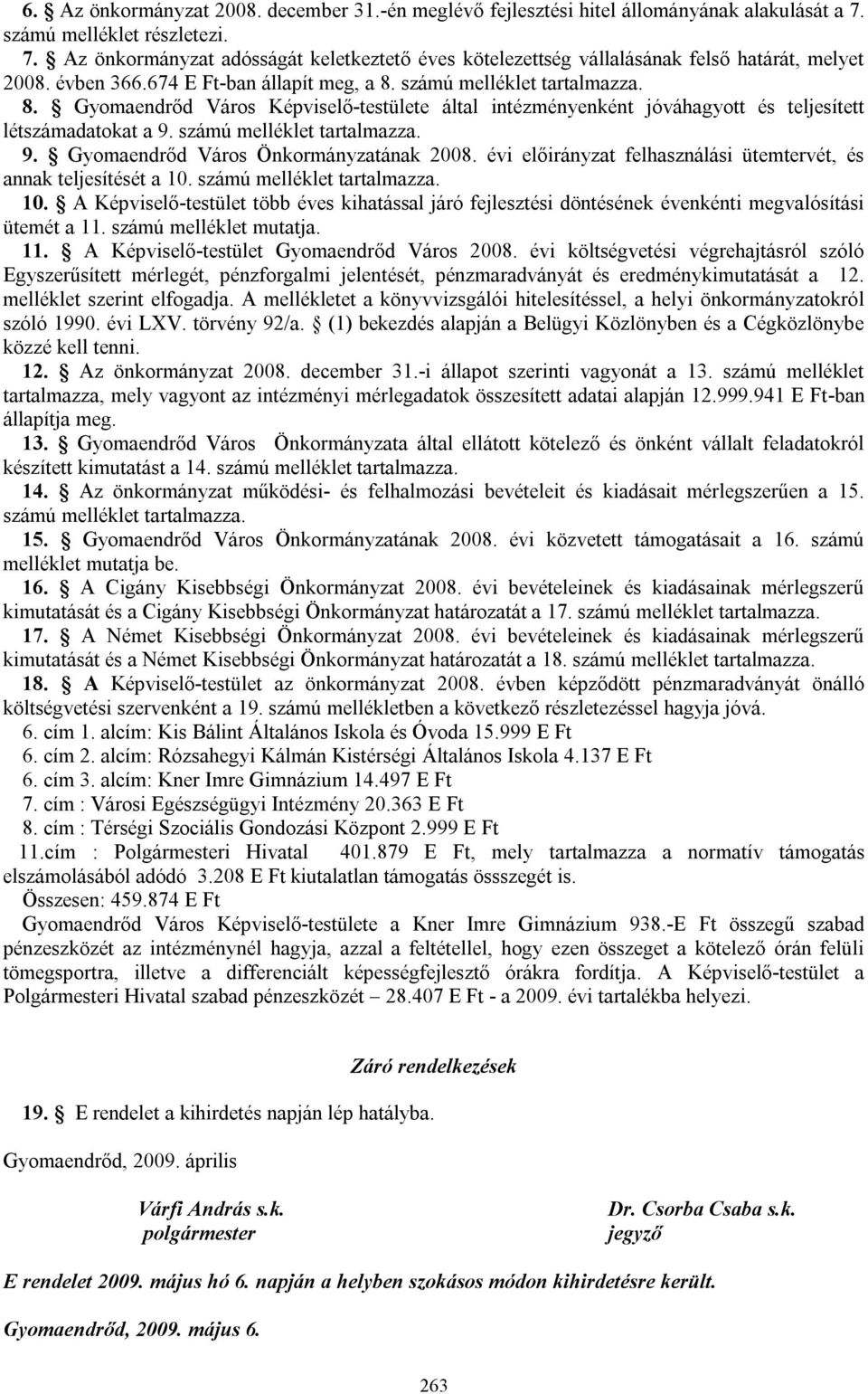 számú melléklet tartalmazza. 9. Gyomaendrőd Város Önkormányzatának 2008. évi előirányzat felhasználási ütemtervét, és annak teljesítését a 10.