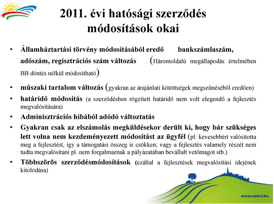 Adminisztrációs hibából adódó változtatás Gyakran csak az elszámolás megküldésekor derült ki, hogy bár szükséges lett volna nem kezdeményezett módosítást az ügyfél (pl: kevesebbért valósította meg a