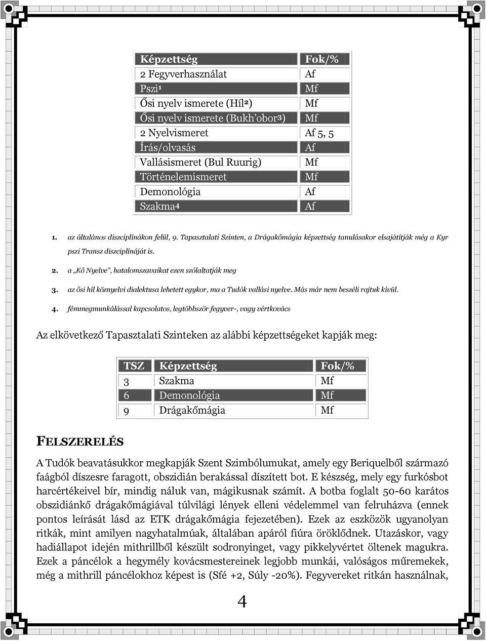 Tapasztalati Szinten, a Drágakőmágia képzettség tanulásakor elsajátítják még a Kyr pszi Transz diszciplínáját is. 2. a Kő Nyelve, hatalomszavaikat ezen szólaltatják meg 3.