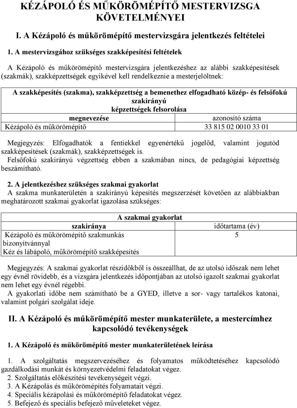 mesterjelöltnek: A szakképesítés (szakma), szakképzettség a bemenethez elfogadható közép- és felsőfokú szakirányú képzettségek felsorolása megnevezése azonosító száma Kézápoló és műkörömépítő 33 815