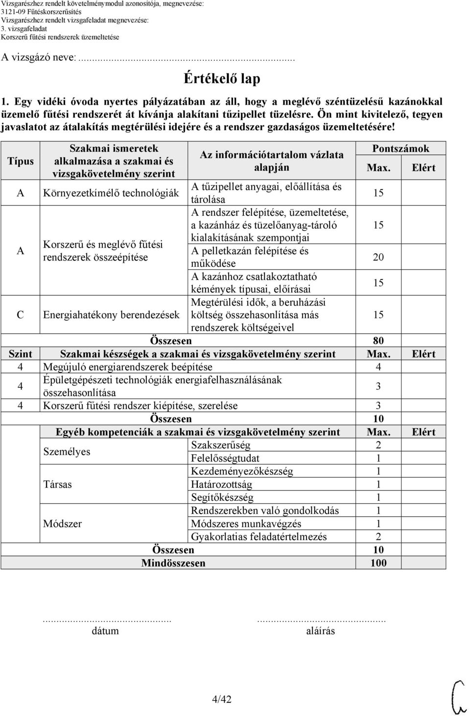 Típus Szakmai ismeretek alkalmazása a szakmai és vizsgakövetelmény szerint z információtartalom vázlata alapján Pontszámok Max.