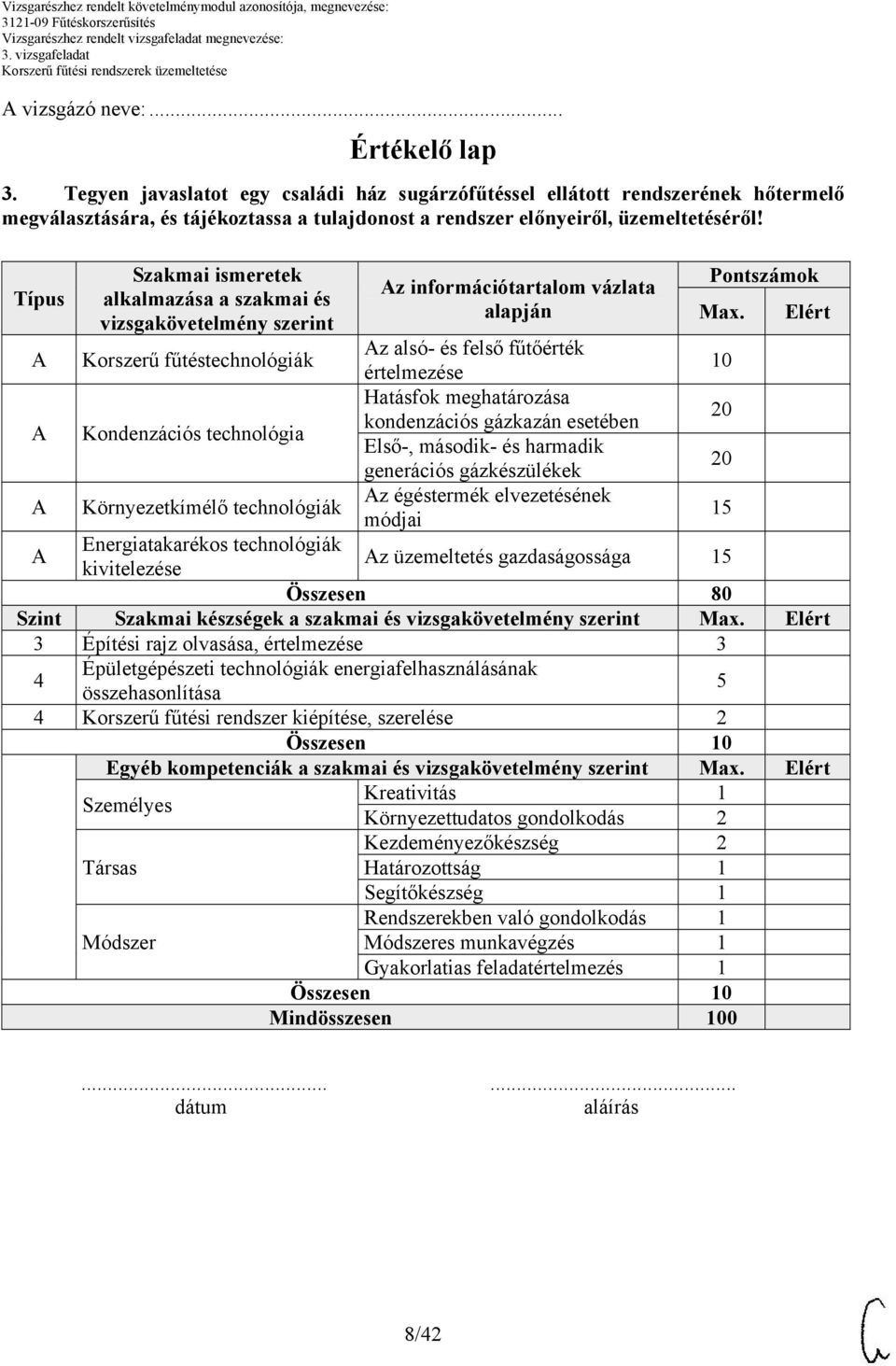 Típus Szakmai ismeretek alkalmazása a szakmai és vizsgakövetelmény szerint Korszerű fűtéstechnológiák Kondenzációs technológia Környezetkímélő technológiák z információtartalom vázlata alapján z