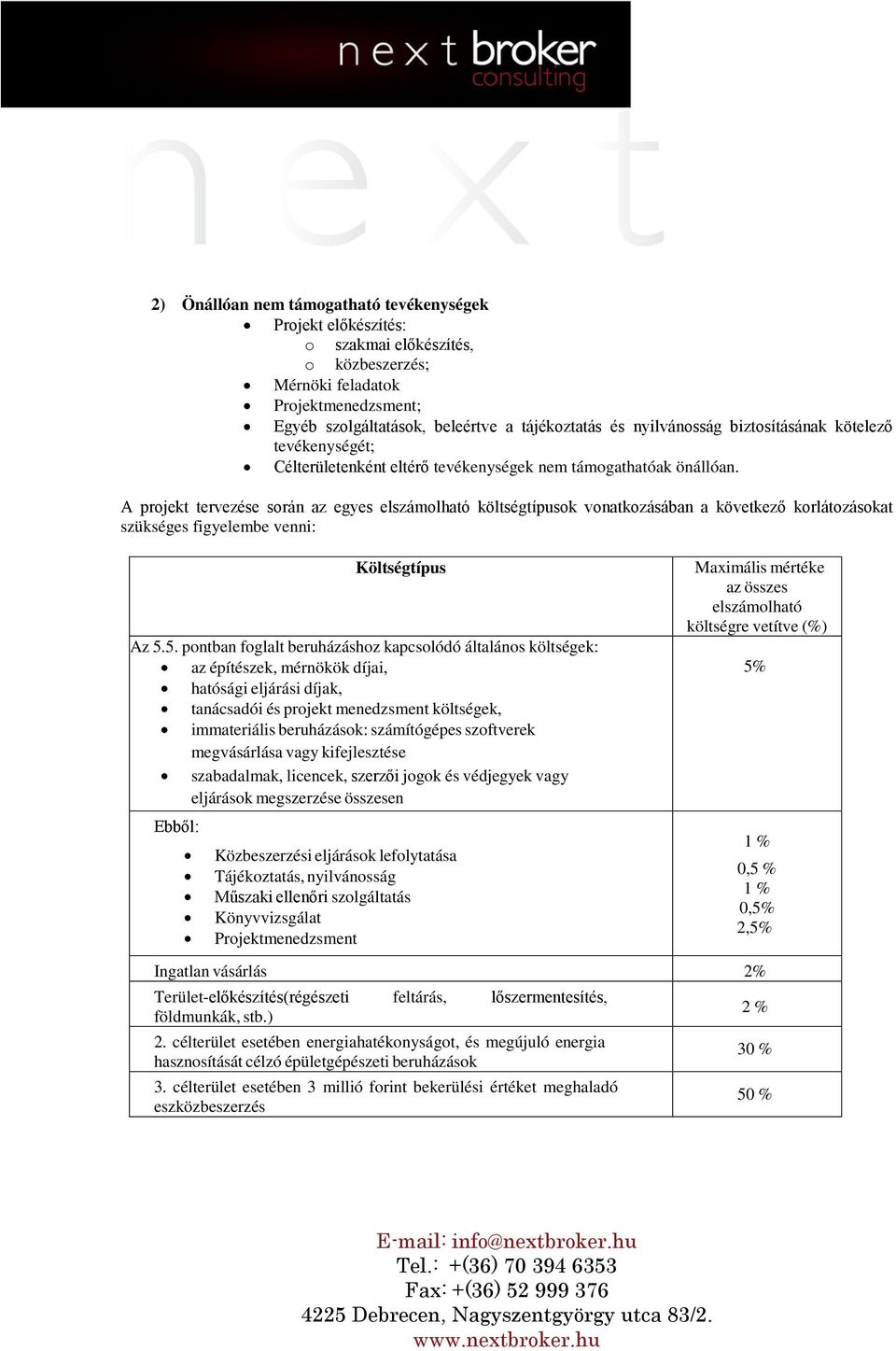 A projekt tervezése során az egyes elszámolható költségtípusok vonatkozásában a következő korlátozásokat szükséges figyelembe venni: Költségtípus Az 5.