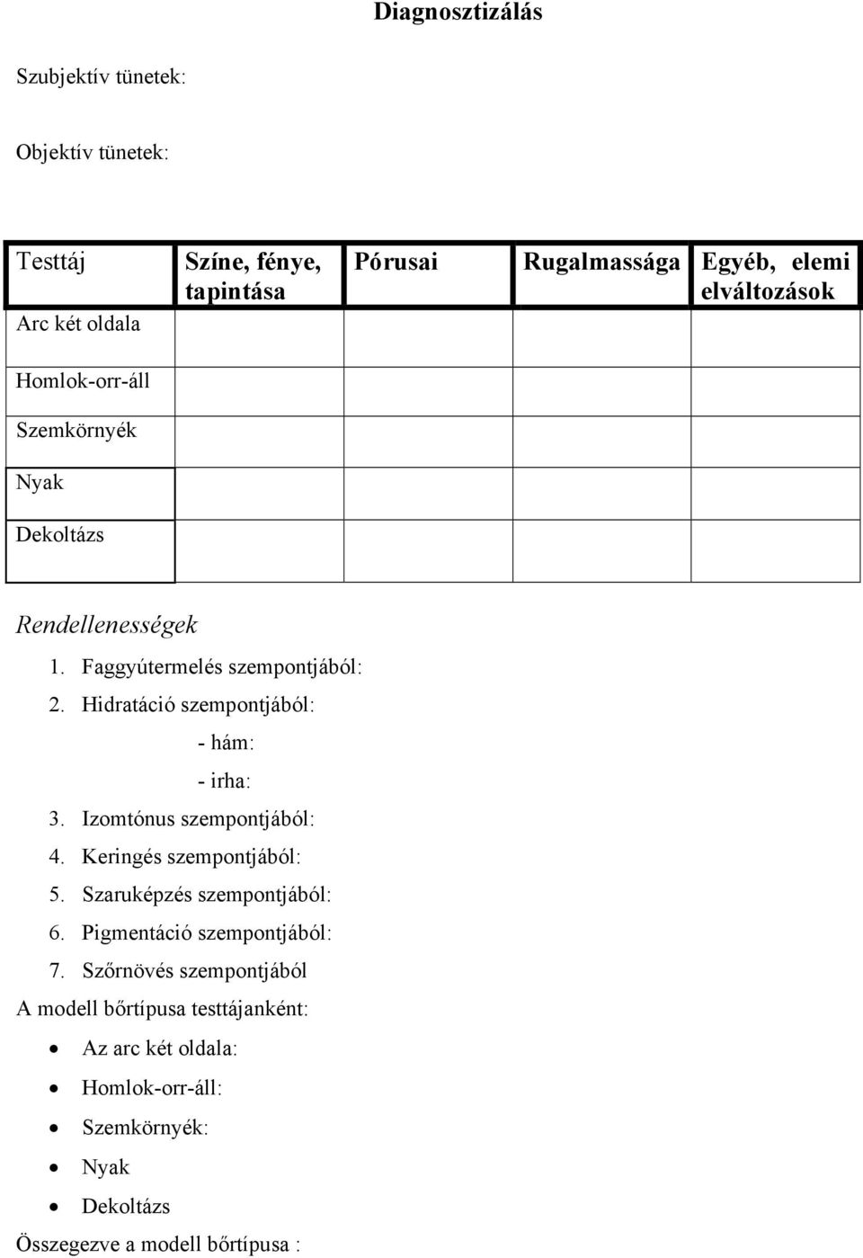 Hidratáció szempontjából: - hám: - irha: 3. Izomtónus szempontjából: 4. Keringés szempontjából: 5. Szaruképzés szempontjából: 6.