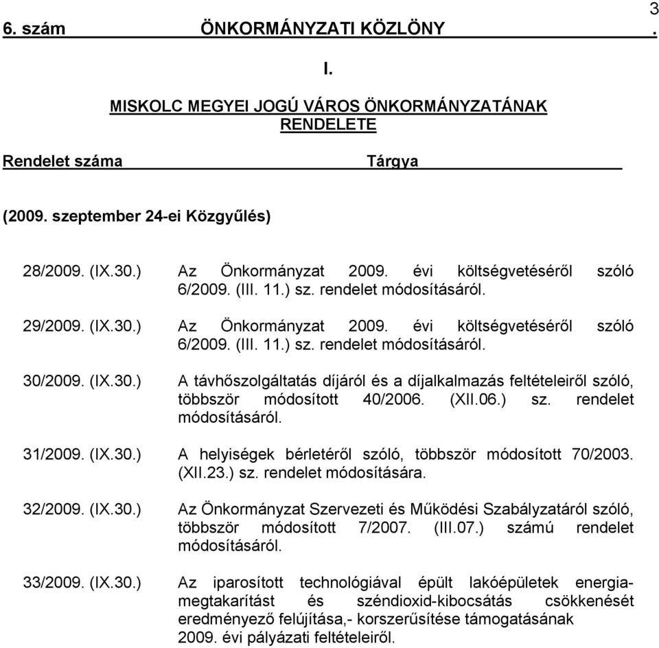 (XII.06.) sz. rendelet módosításáról. 31/2009. (IX.30.) A helyiségek bérletéről szóló, többször módosított 70/2003. (XII.23.) sz. rendelet módosítására. 32/2009. (IX.30.) Az Önkormányzat Szervezeti és Működési Szabályzatáról szóló, többször módosított 7/2007.