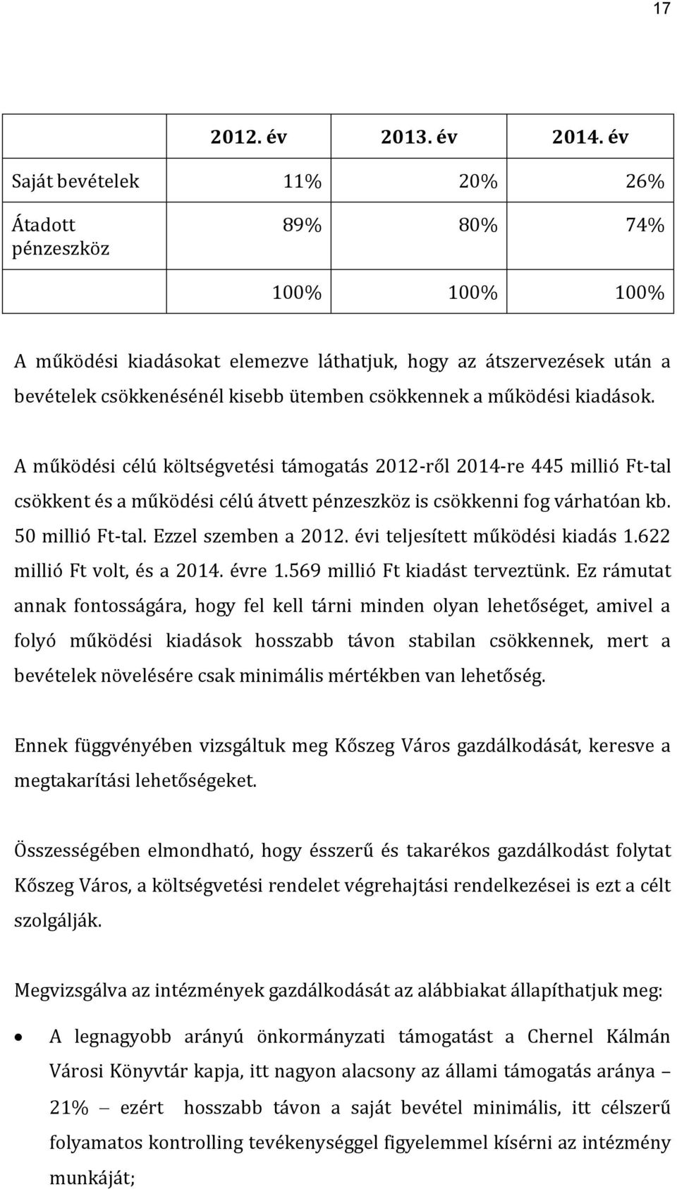 működési kiadások. A működési célú költségvetési támogatás 2012-ről 2014-re 445 millió Ft-tal csökkent és a működési célú átvett pénzeszköz is csökkenni fog várhatóan kb. 50 millió Ft-tal.