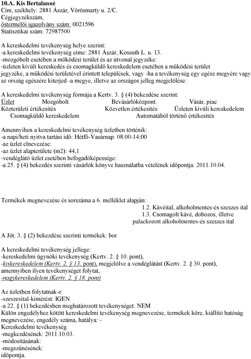 elnevezése: -az üzlet alapterülete (m2): 44,1 -vendéglátó üzlet esetében befogadóképessége: -a 25. (4) bekezdés szerinti vásárlók könyve használatba vételének időpontja: 2011.10.04.