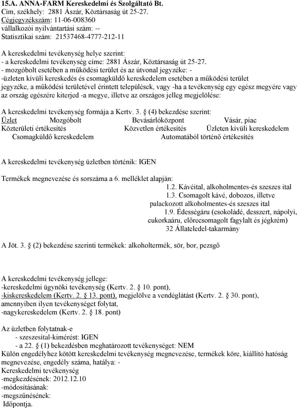 - mozgóbolt esetében a működési terület és az útvonal jegyzéke: - A kereskedelmi tevékenység üzletben történik: IGEN Termékek megnevezése és sorszáma a 6. melléklet alapján: 1.2.