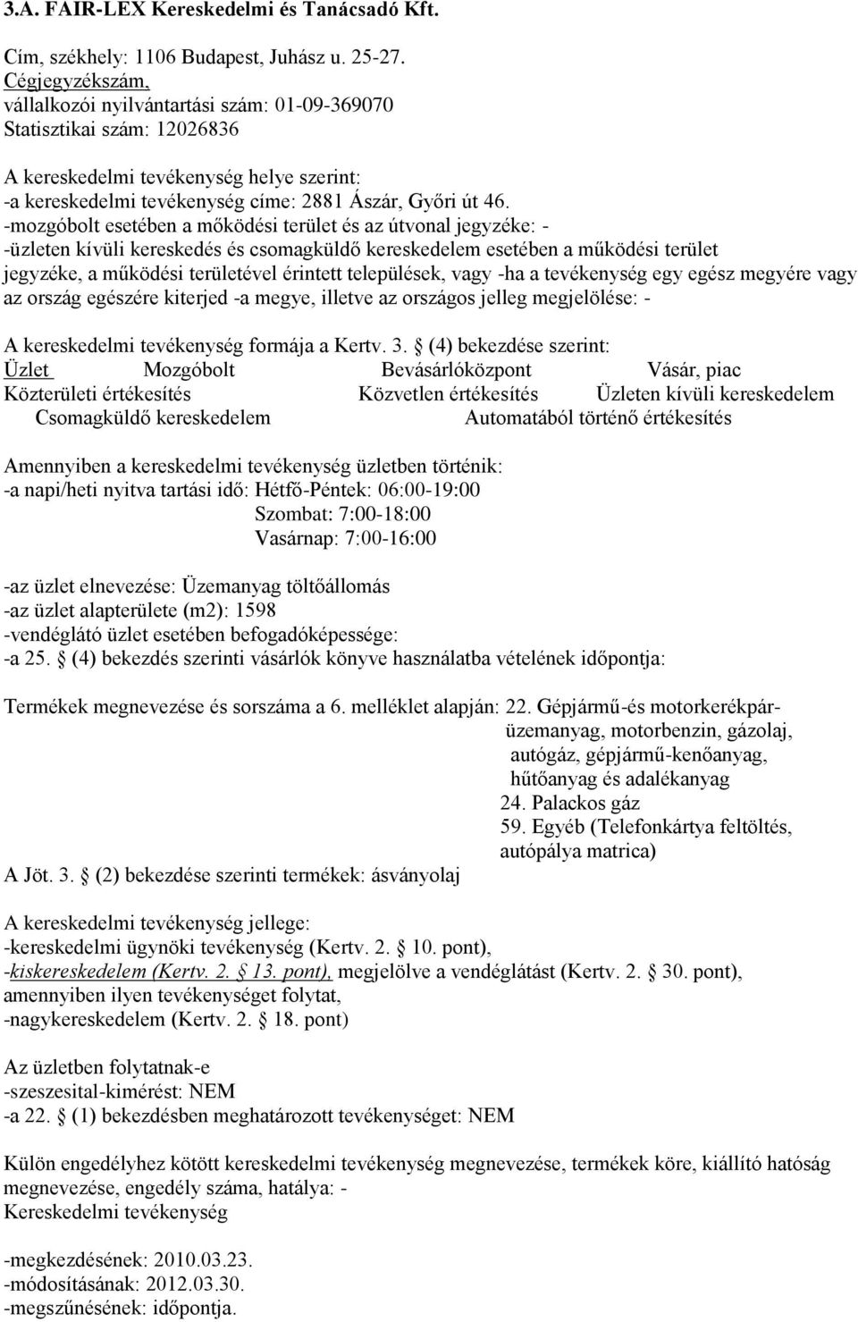 -mozgóbolt esetében a mőködési terület és az útvonal jegyzéke: - - Amennyiben a kereskedelmi tevékenység üzletben történik: -a napi/heti nyitva tartási idő: Hétfő-Péntek: 06:00-19:00 Szombat: