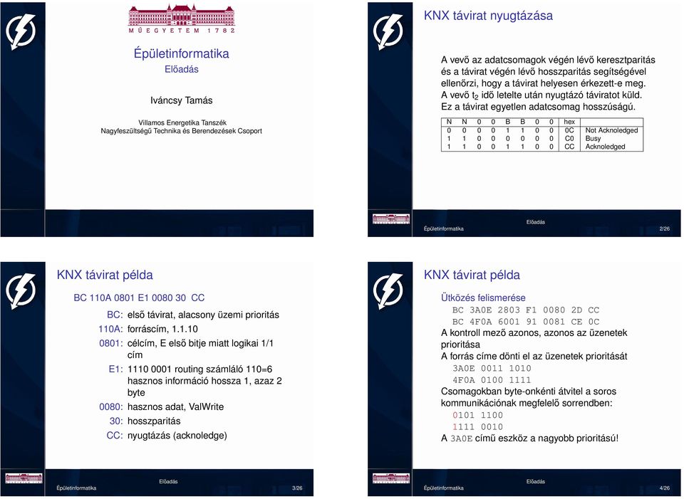 Iváncsy Tamás N Villamos Energetika Tanszék Nagyfeszültségu Technika és Berendezések Csoport N B B hex C C CC Not Acknoledged Busy Acknoledged KNX távirat példa KNX távirat példa Ütközés felismerése