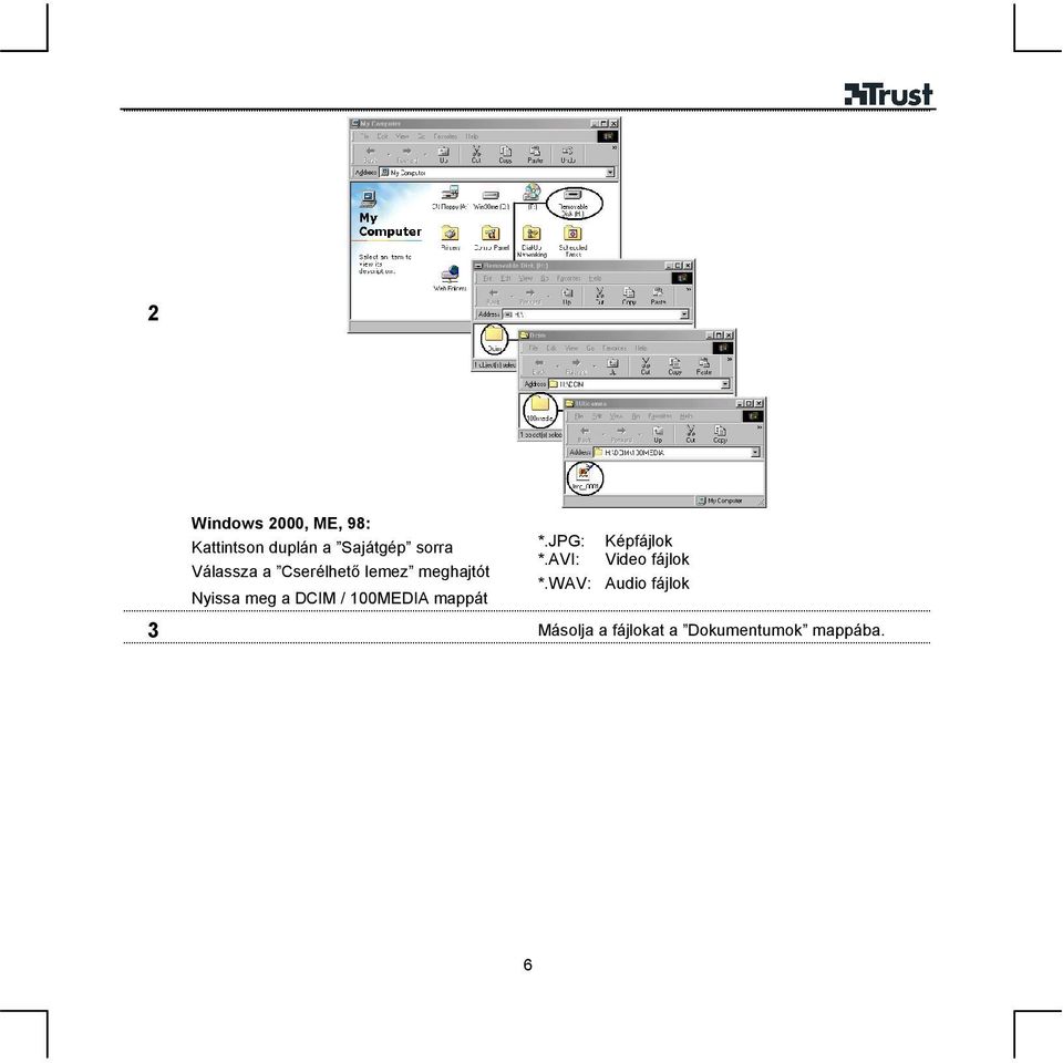 100MEDIA mappát *.JPG: Képfájlok *.AVI: Video fájlok *.