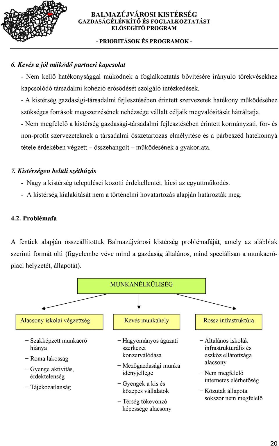 - Nem megfelelő a kistérség gazdasági-társadalmi fejlesztésében érintett kormányzati, for- és non-profit szervezeteknek a társadalmi összetartozás elmélyítése és a párbeszéd hatékonnyá tétele