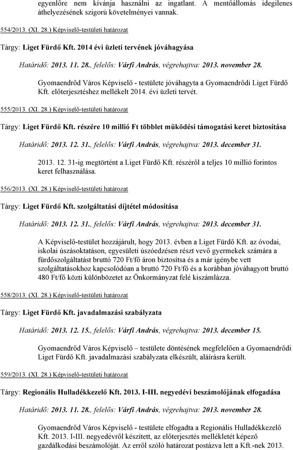 előterjesztéshez mellékelt 2014. évi üzleti tervét. 555/2013. (XI. 28.) Képviselő-testületi határozat Tárgy: Liget Fürdő Kft.