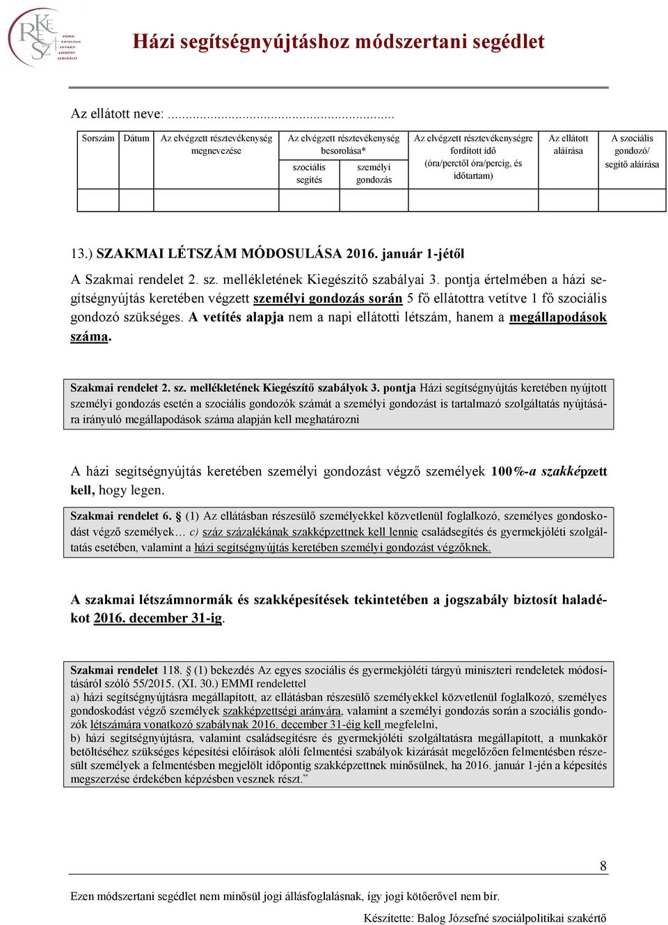 óra/percig, és időtartam) Az ellátott aláírása A szociális gondozó/ segítő aláírása 13.) SZAKMAI LÉTSZÁM MÓDOSULÁSA 2016. január 1-jétől A Szakmai rendelet 2. sz. mellékletének Kiegészítő szabályai 3.