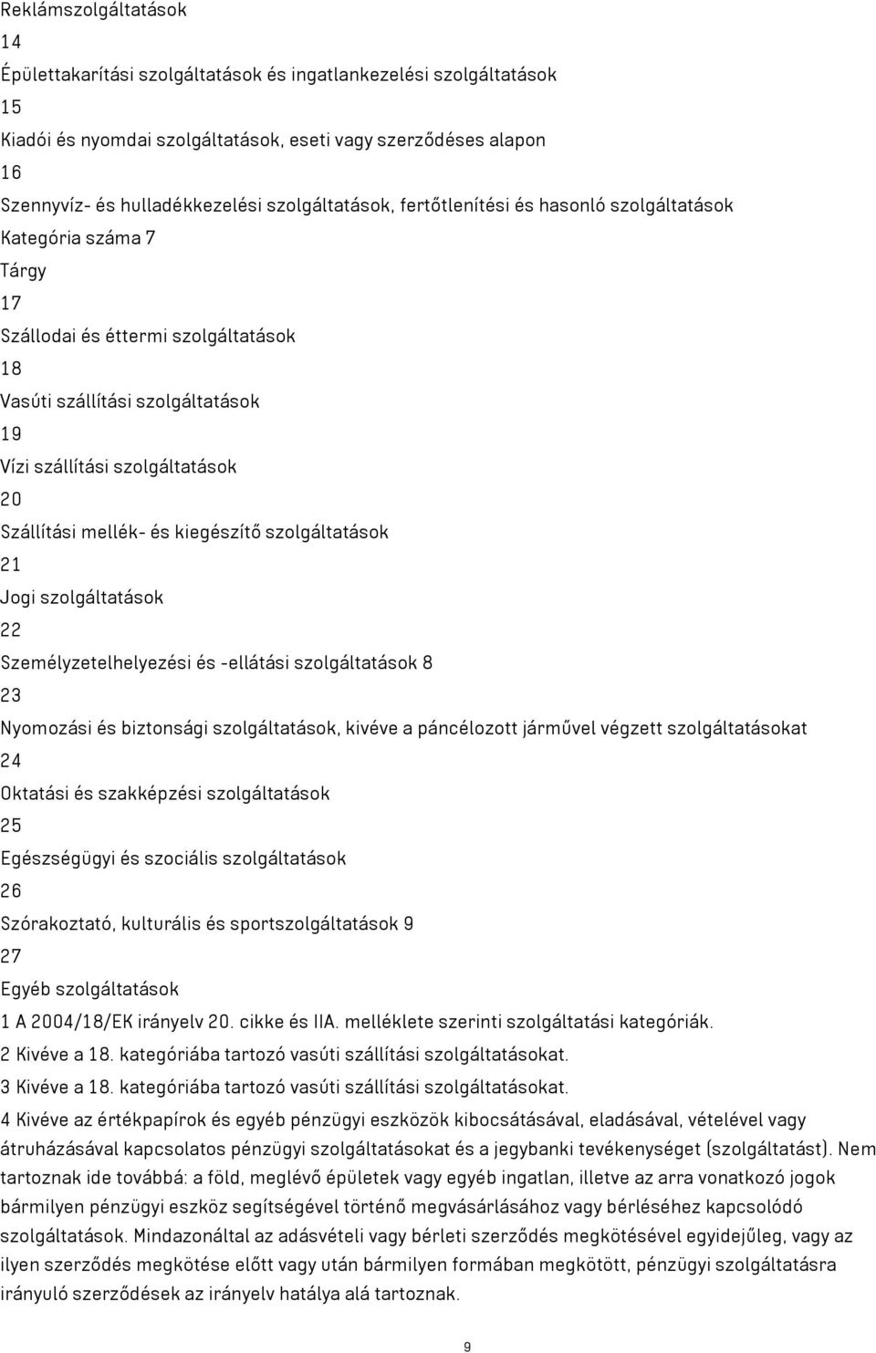 Szállítási mellék- és kiegészítő szolgáltatások 21 Jogi szolgáltatások 22 Személyzetelhelyezési és -ellátási szolgáltatások 8 23 Nyomozási és biztonsági szolgáltatások, kivéve a páncélozott járművel