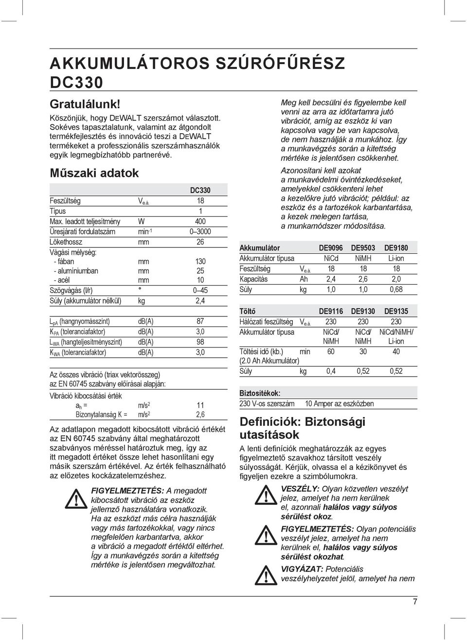 Műszaki adatok DC330 Feszültség V e.á. 18 Típus 1 Max.